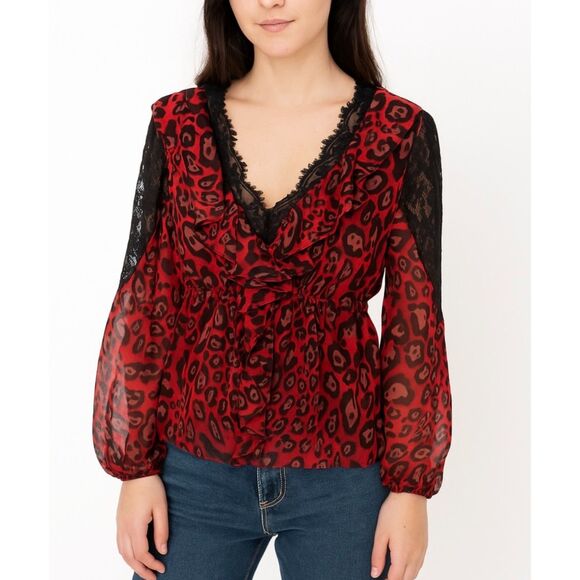Boston Proper Sheer Red  Black Animal Print Lace Peplum Tunic Top Size 10 - Picture 1 of 13
